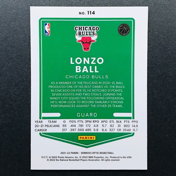 Lonzo Ball - 2021-22 Donruss Optic #114 - Picture 2 of 2
